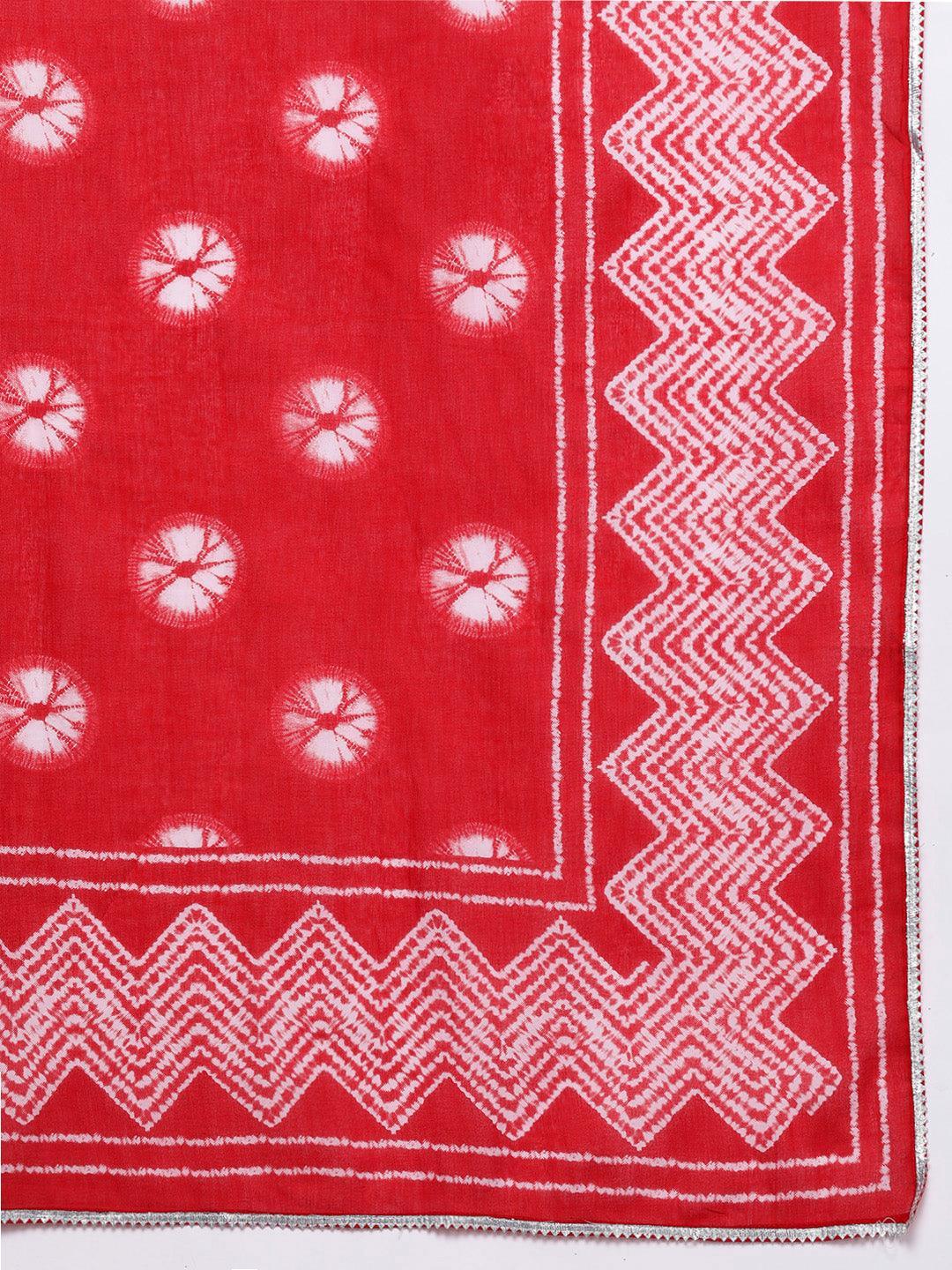 Red Printed Cotton Straight Kurta With Palazzos & Dupatta