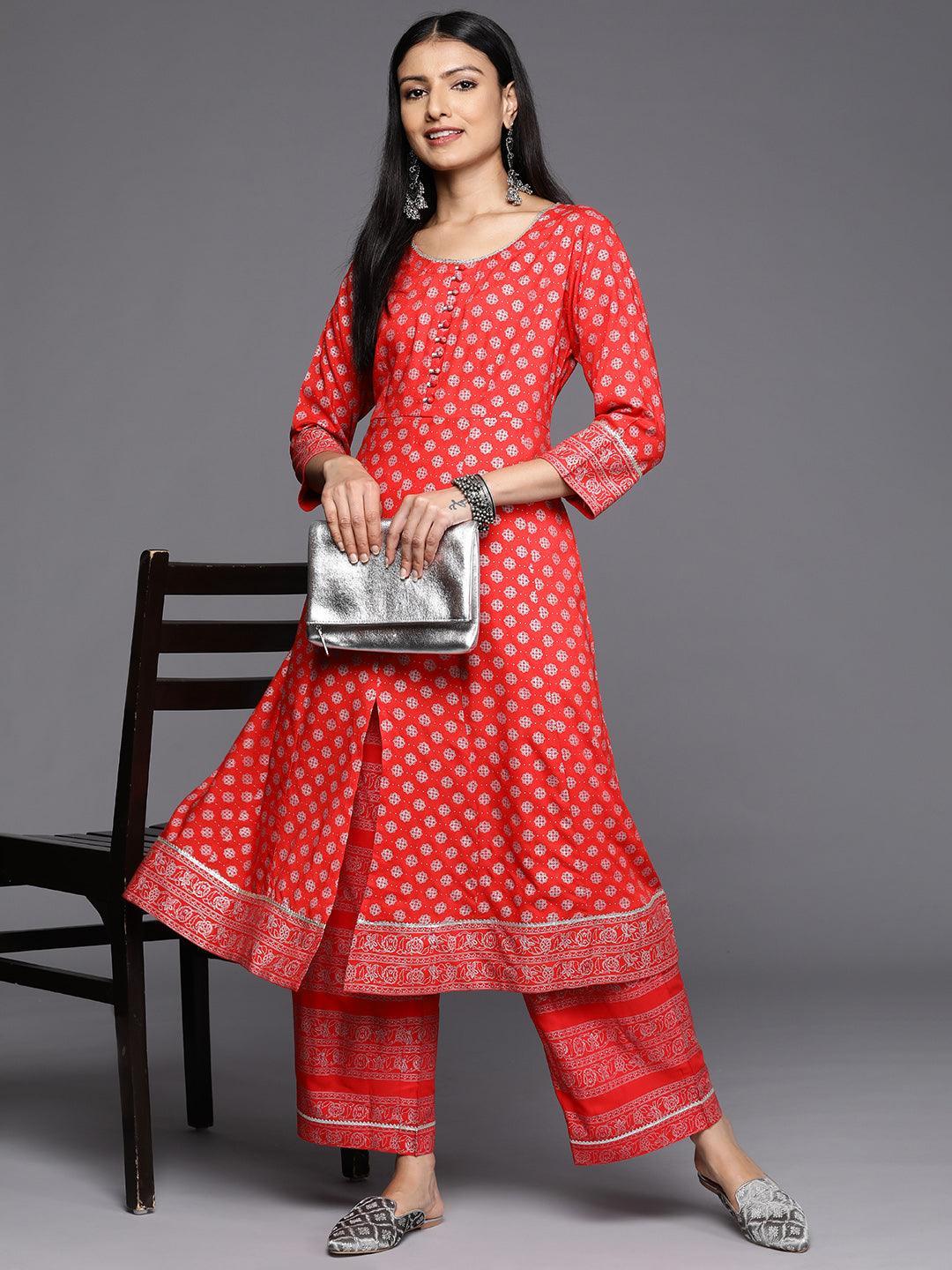 Red Printed Rayon A-Line Kurta