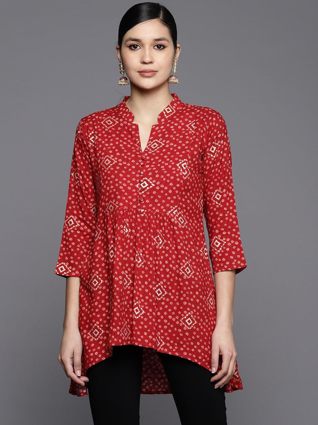 Red Printed Rayon A-Line Kurti