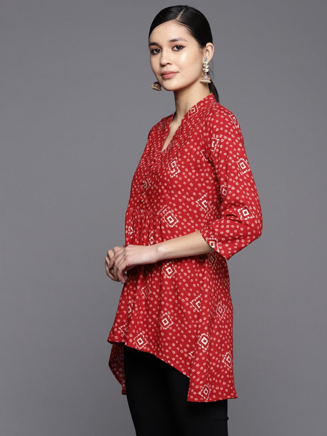 Red Printed Rayon A-Line Kurti