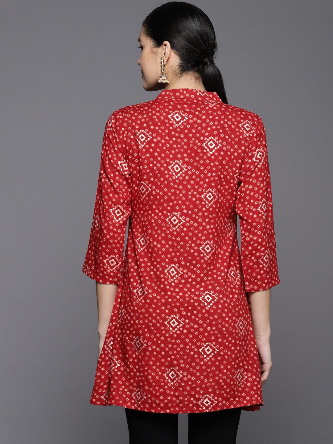 Red Printed Rayon A-Line Kurti - Libas