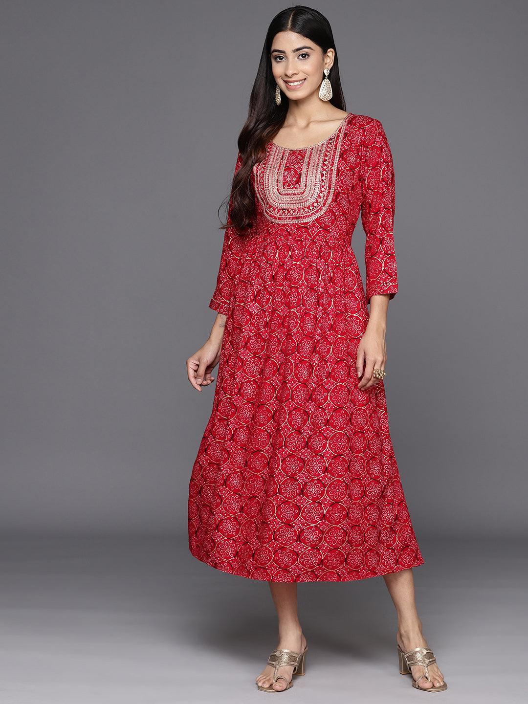 Red Printed Rayon Fit and Flare Dress