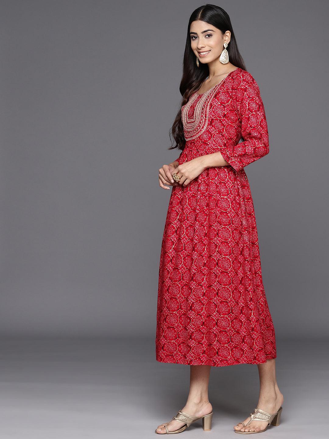 Red Printed Rayon Fit and Flare Dress