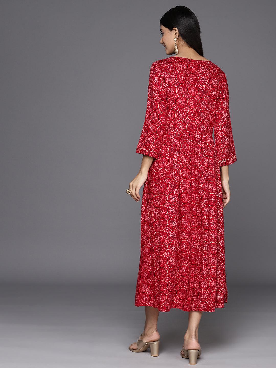 Red Printed Rayon Fit and Flare Dress