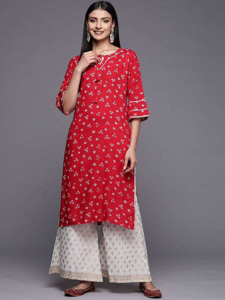 Red Printed Rayon Straight Kurta - Libas