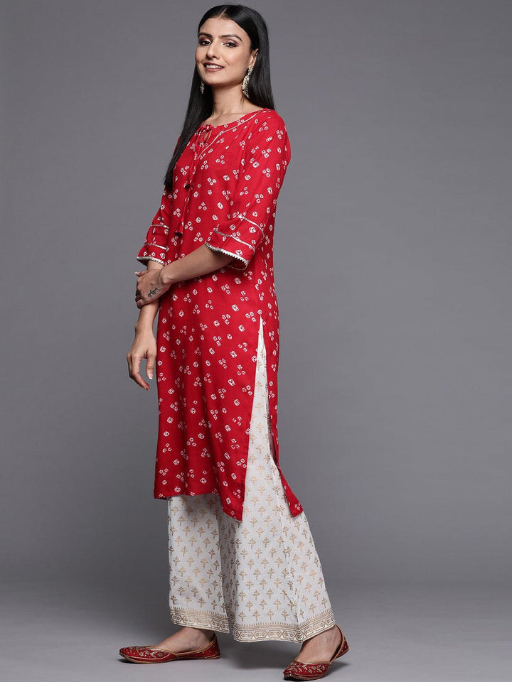 Red Printed Rayon Straight Kurta - Libas