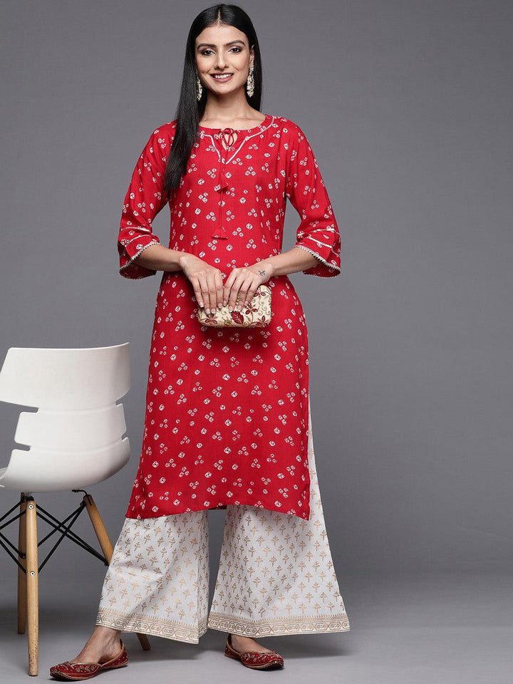 Red Printed Rayon Straight Kurta - Libas