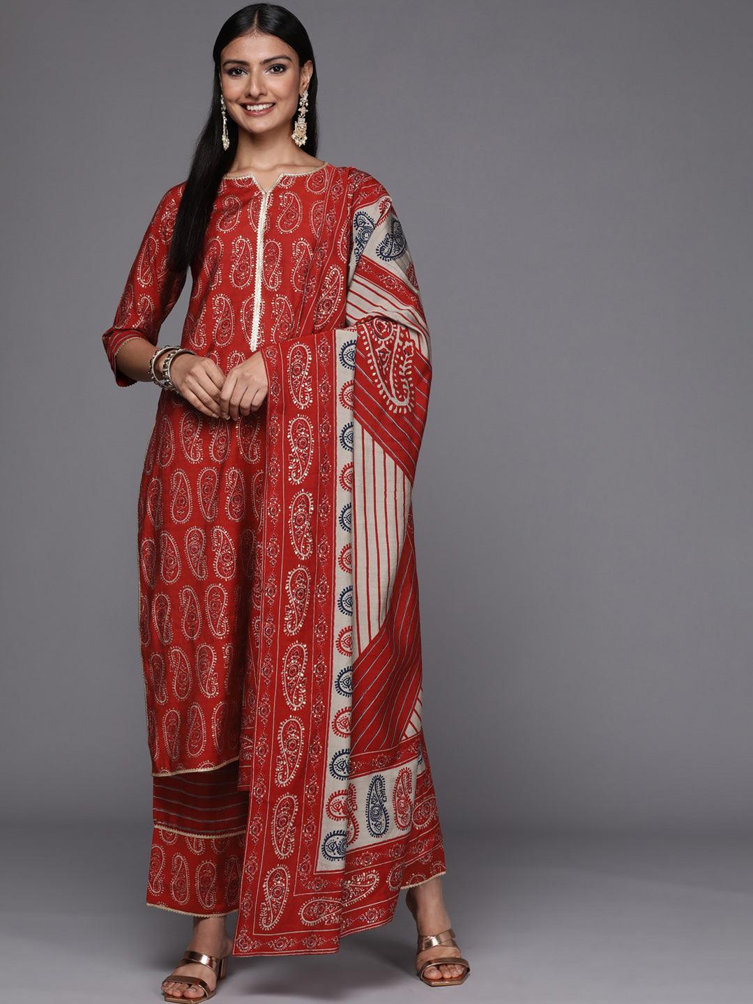 Red Printed Silk Blend Straight Suit Set