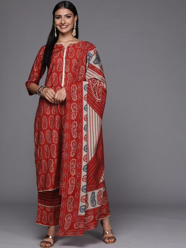 Red Printed Silk Blend Straight Suit Set - ShopLibas