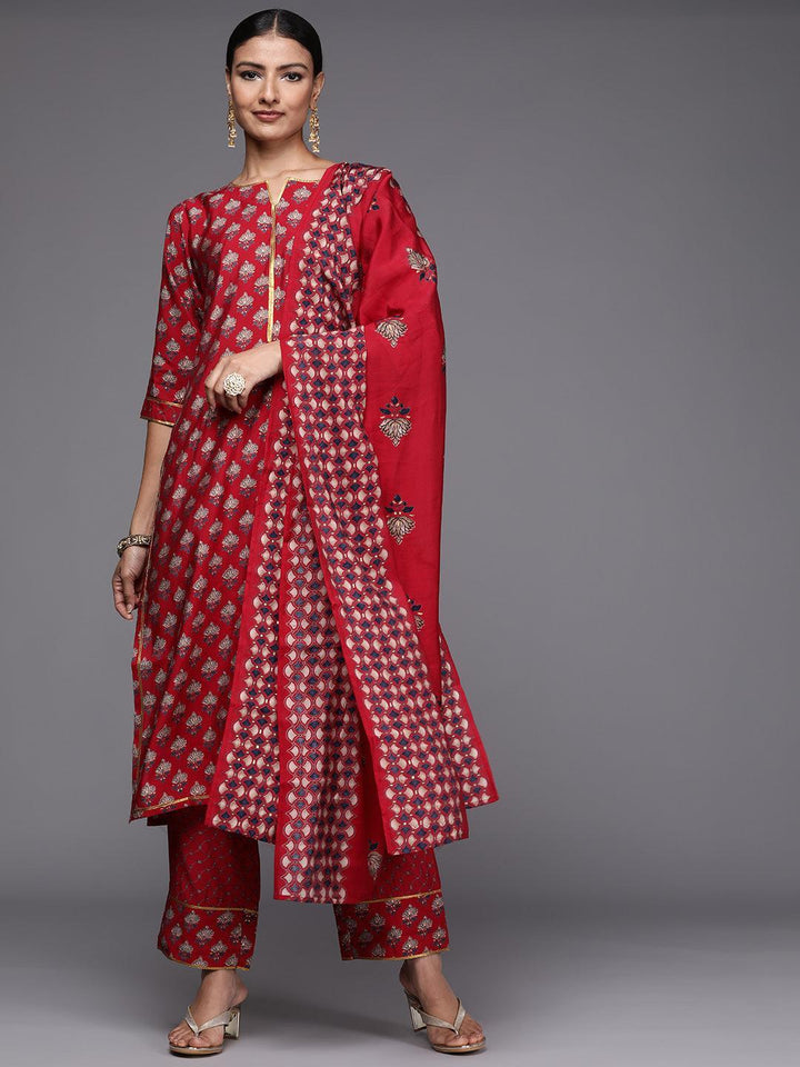 Red Printed Silk Blend Straight Suit Set - ShopLibas