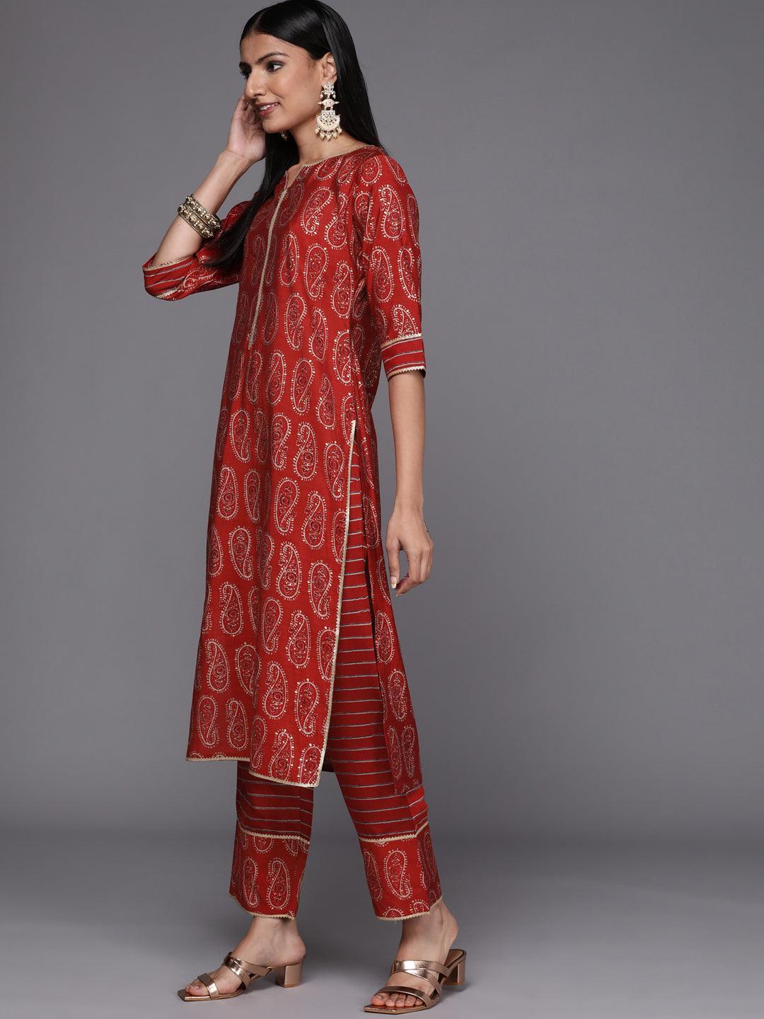 Red Printed Silk Blend Straight Suit Set