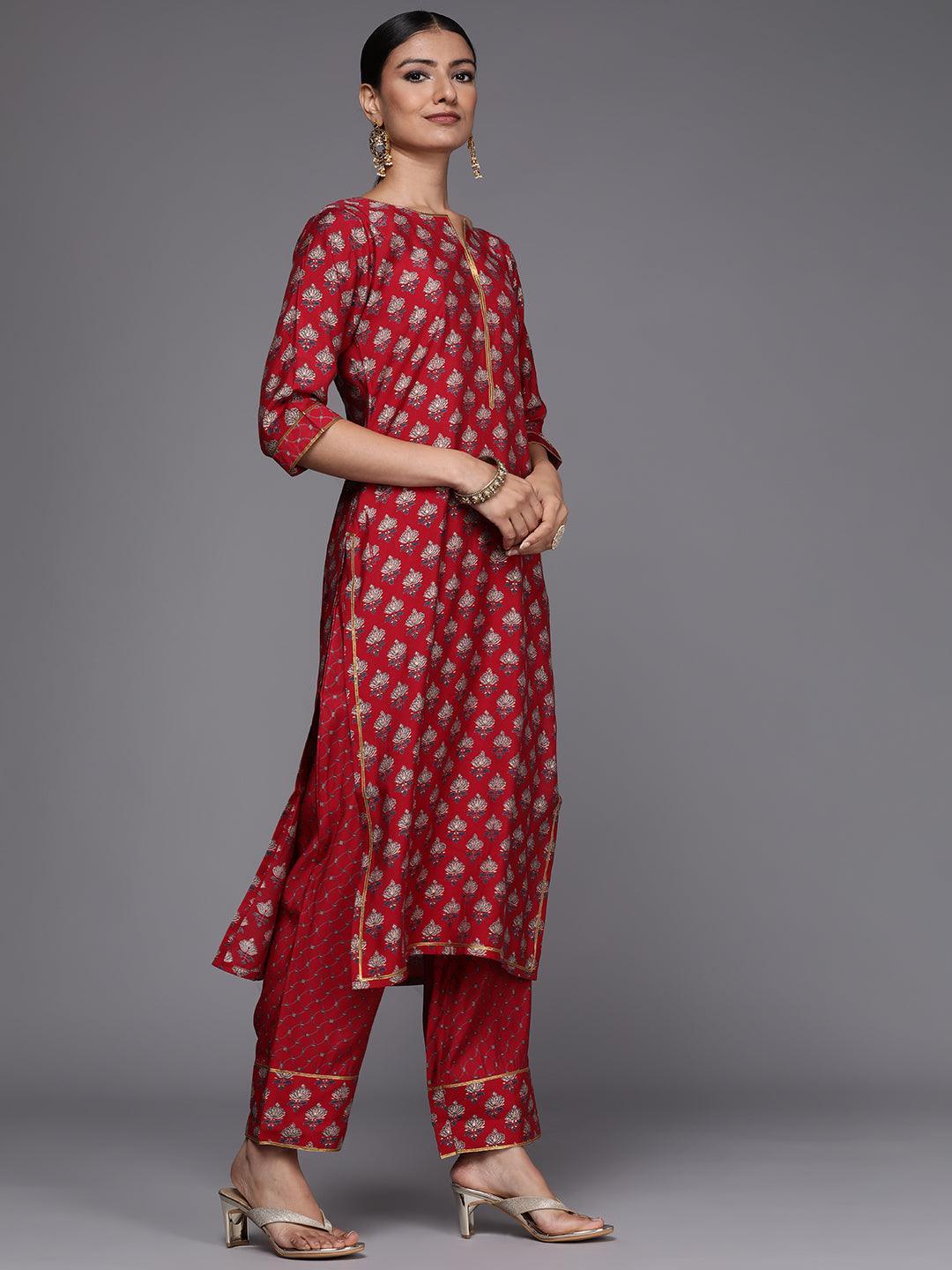 Red Printed Silk Blend Straight Suit Set - ShopLibas