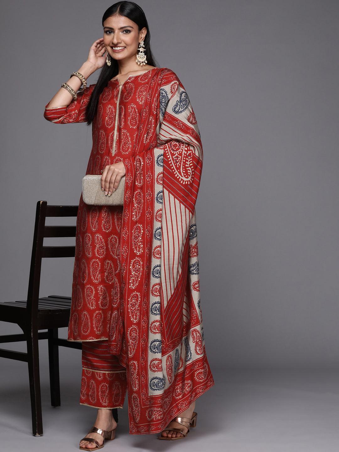 Red Printed Silk Blend Straight Suit Set