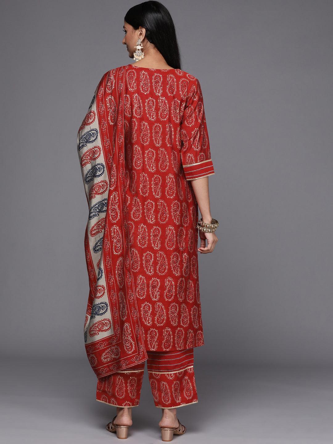 Red Printed Silk Blend Straight Suit Set