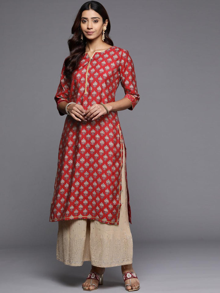 Red Printed Silk Straight Kurta - ShopLibas