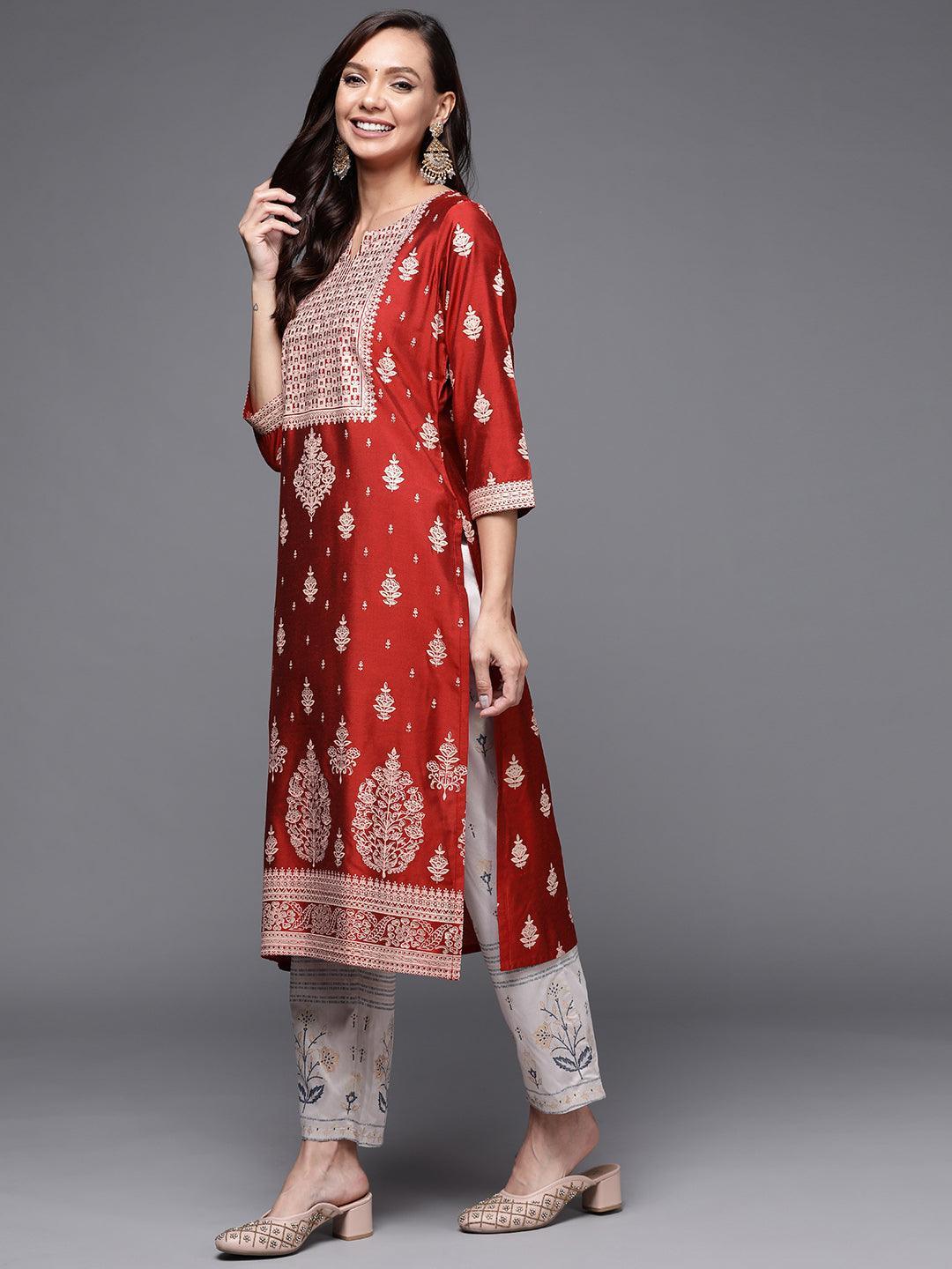 Red Printed Silk Straight Kurta - ShopLibas