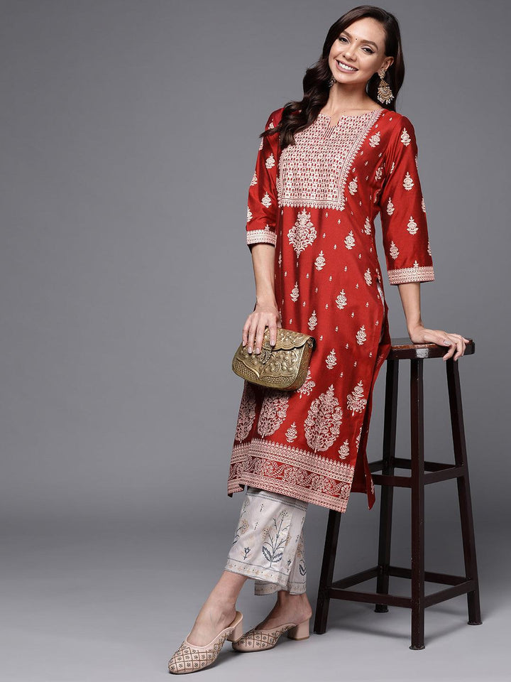 Red Printed Silk Straight Kurta - ShopLibas