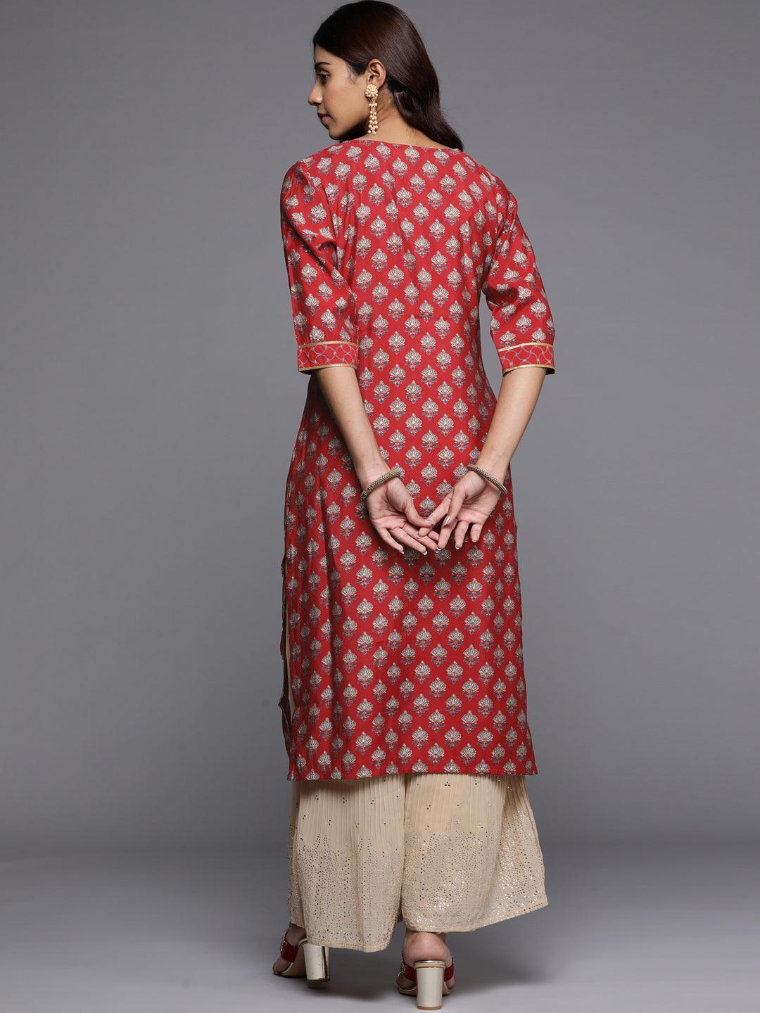 Red Printed Silk Straight Kurta - ShopLibas