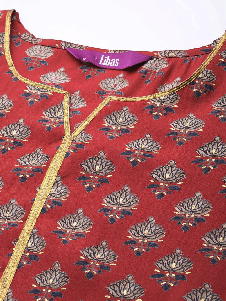 Red Printed Silk Straight Kurta - ShopLibas