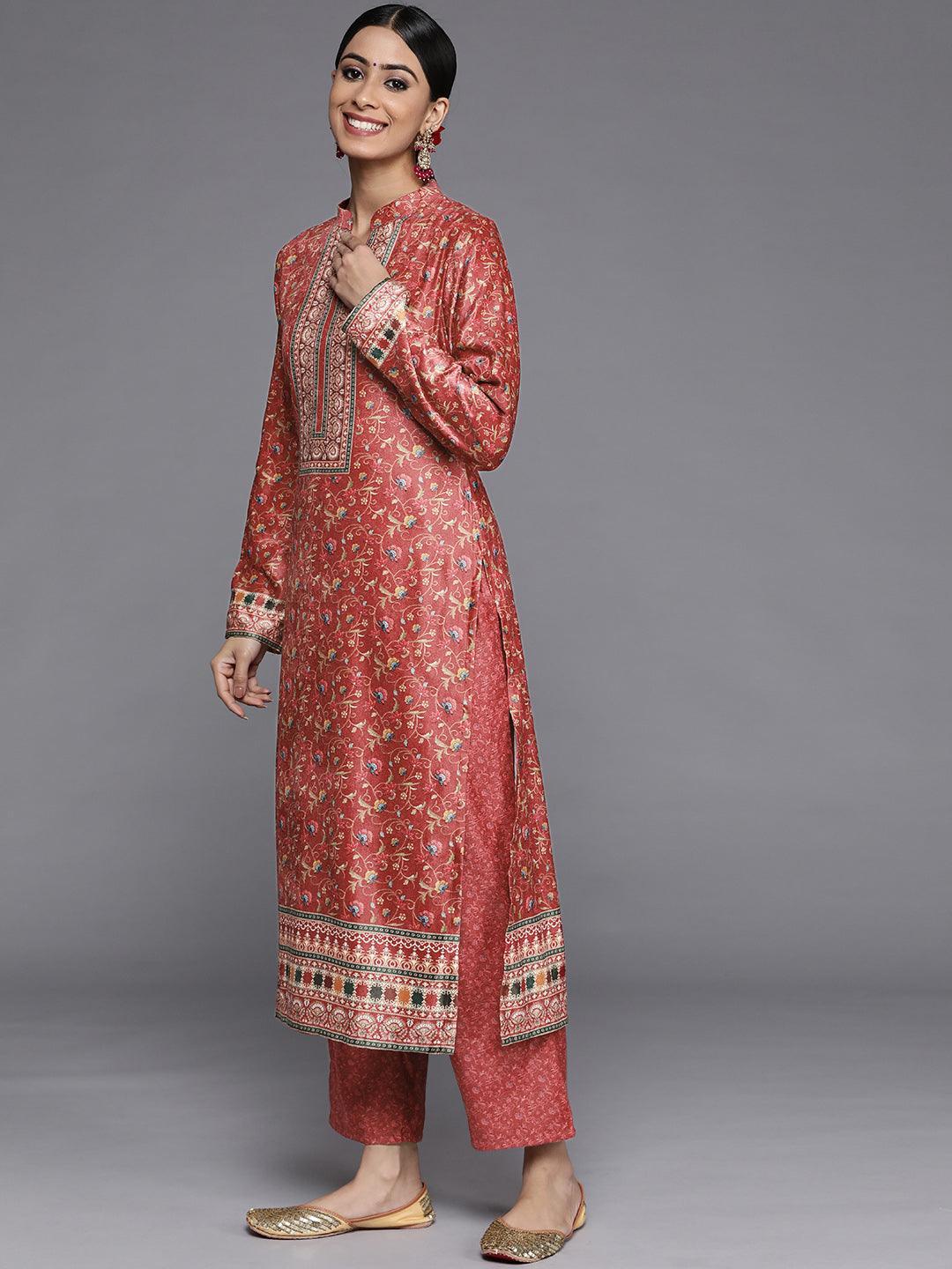 Red Printed Velvet Straight Suit Set With Trousers - Libas