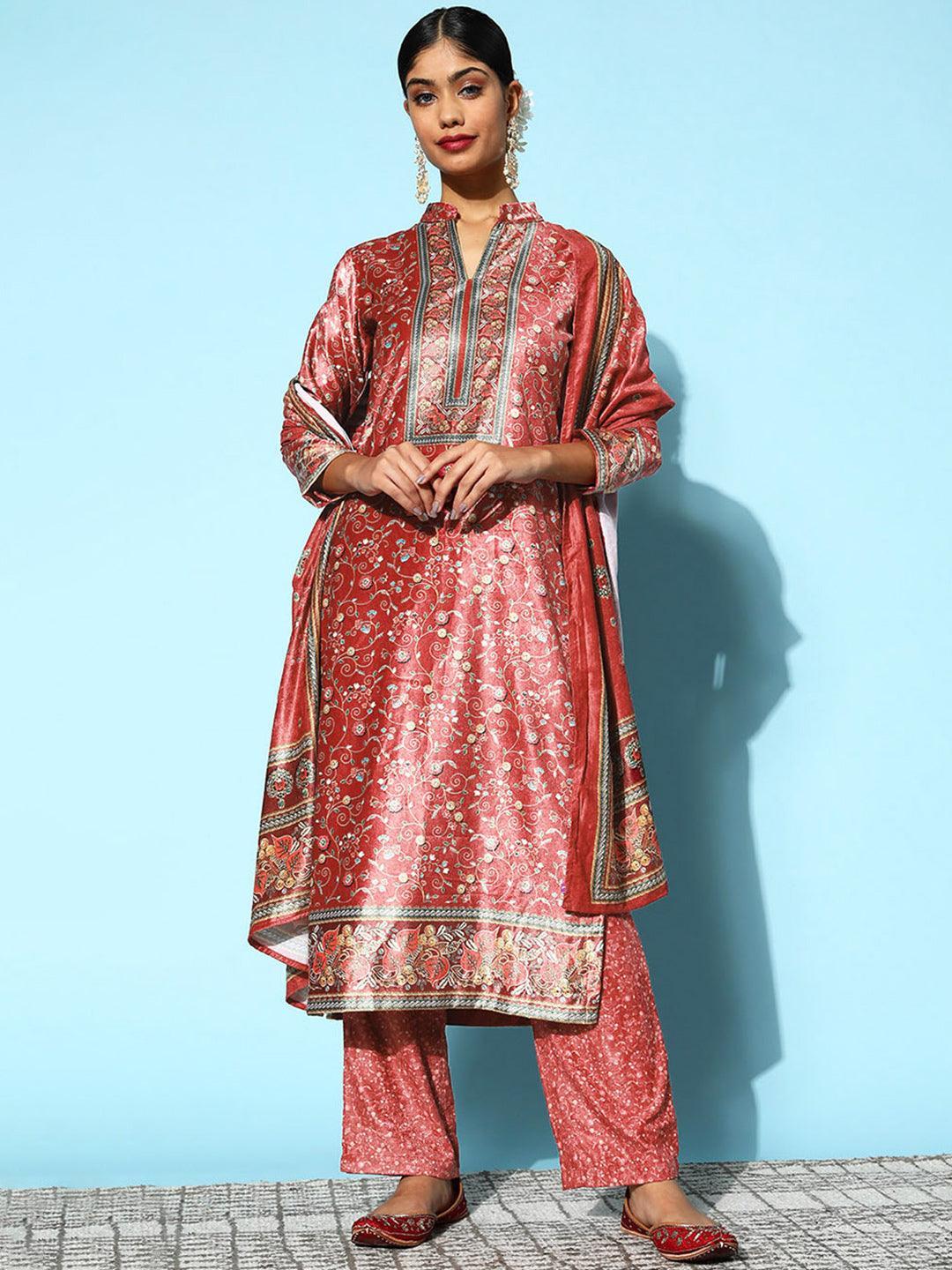 Red Printed Velvet Straight Suit Set