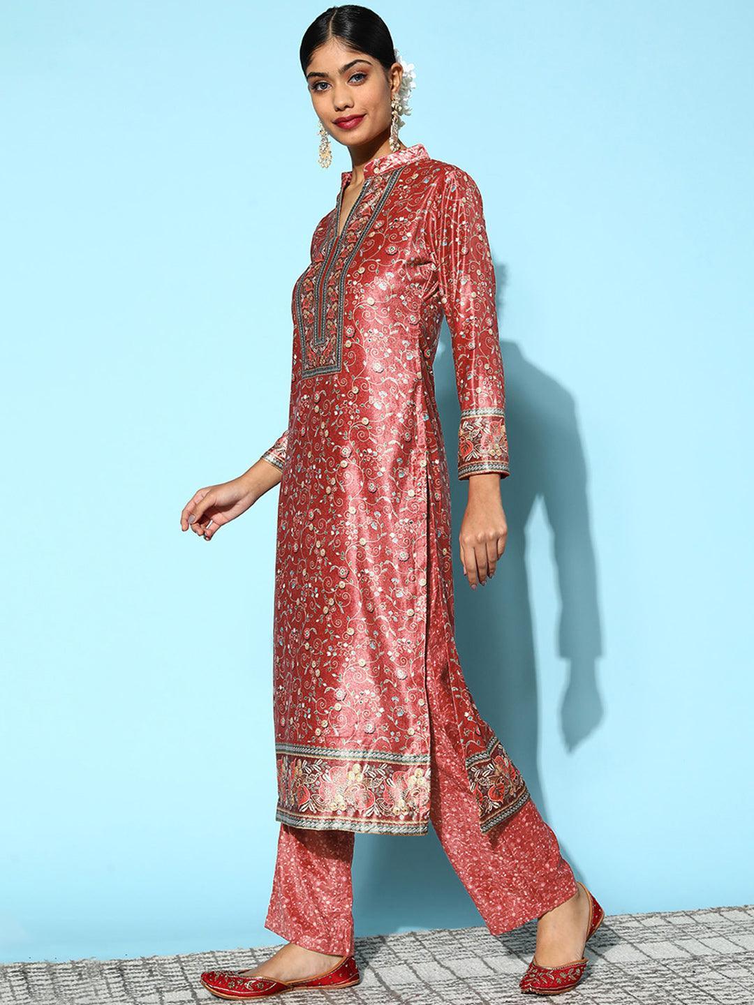 Red Printed Velvet Straight Suit Set