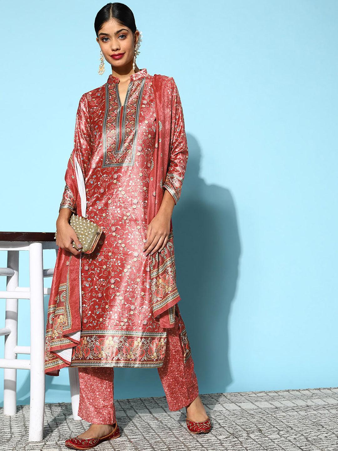 Red Printed Velvet Straight Suit Set - ShopLibas