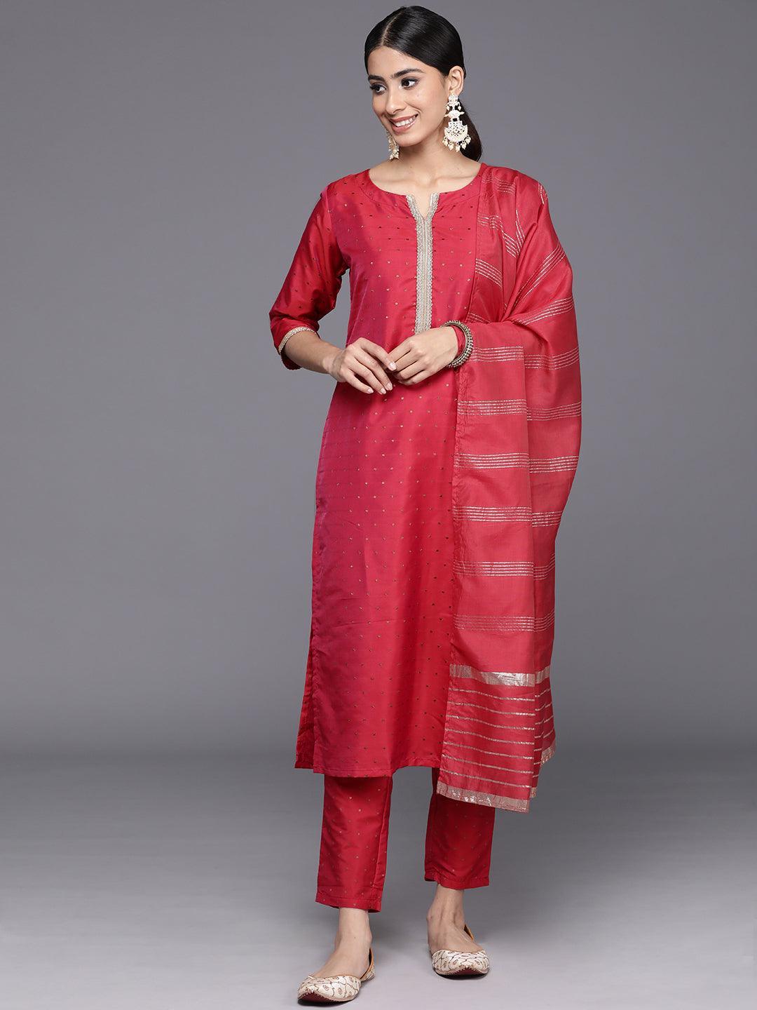 Red Self Design Art Silk Straight Kurta With Trousers & Dupatta