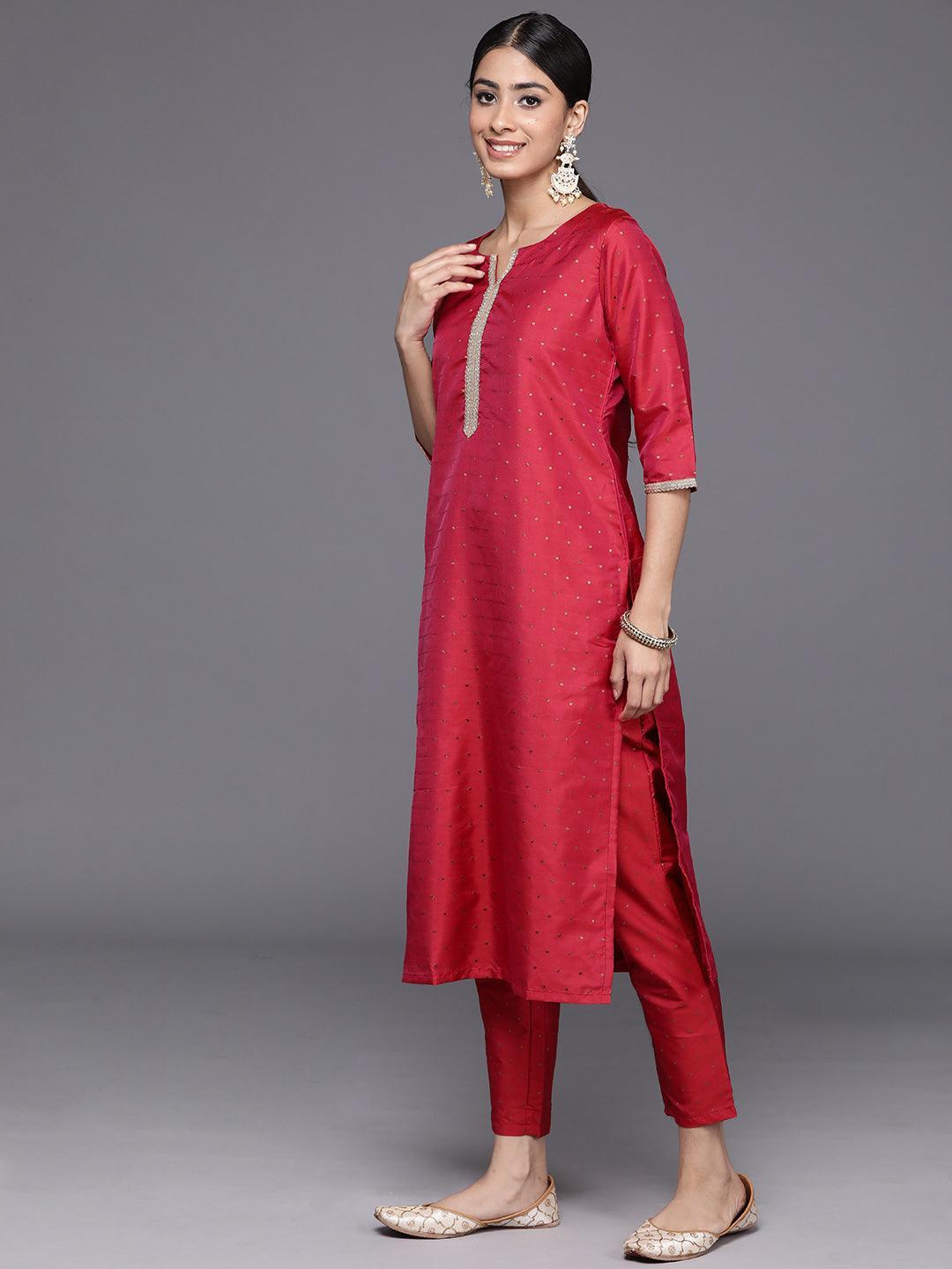 Red Self Design Art Silk Straight Kurta With Trousers & Dupatta - Libas