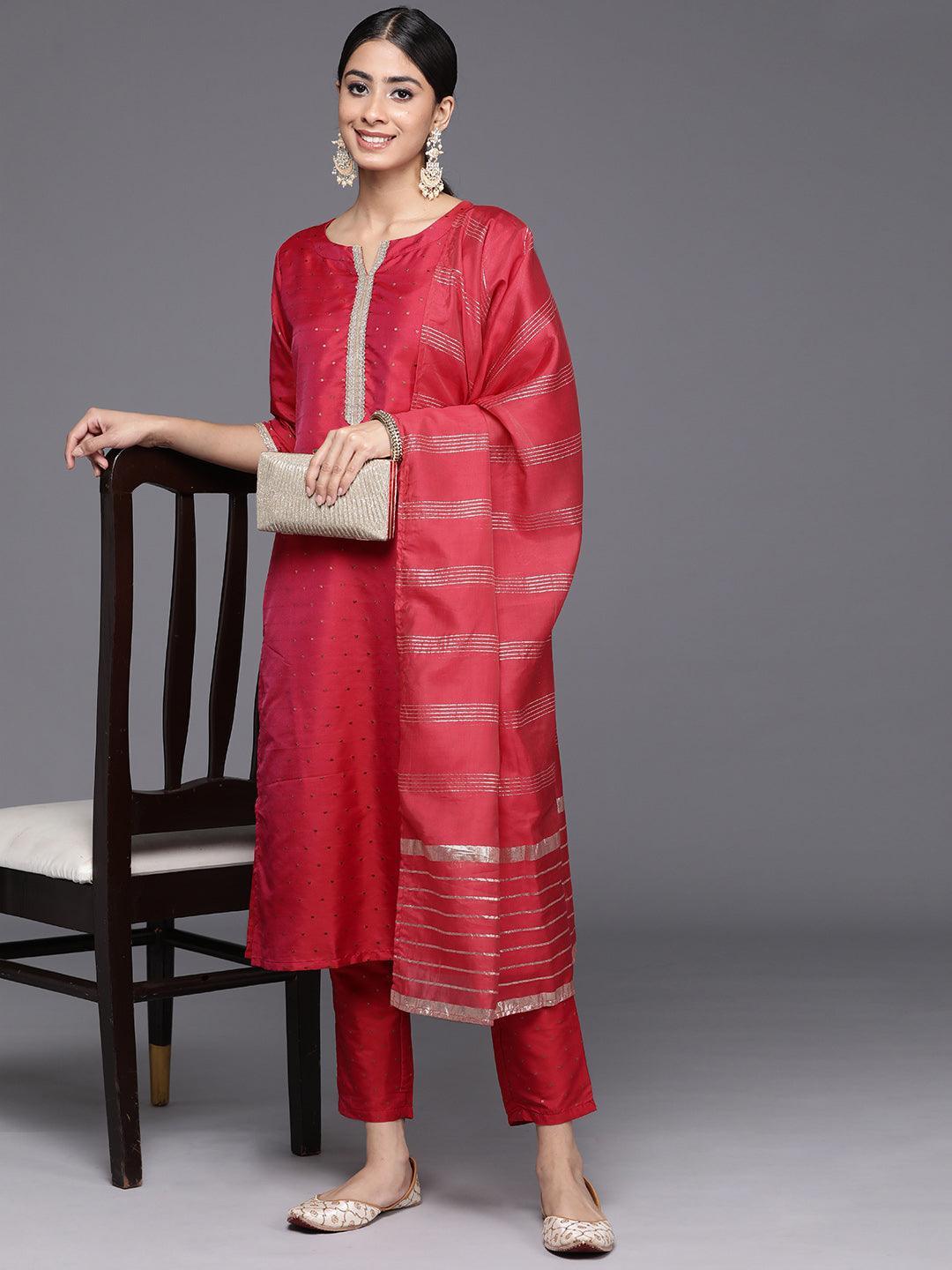 Red Self Design Art Silk Straight Kurta With Trousers & Dupatta