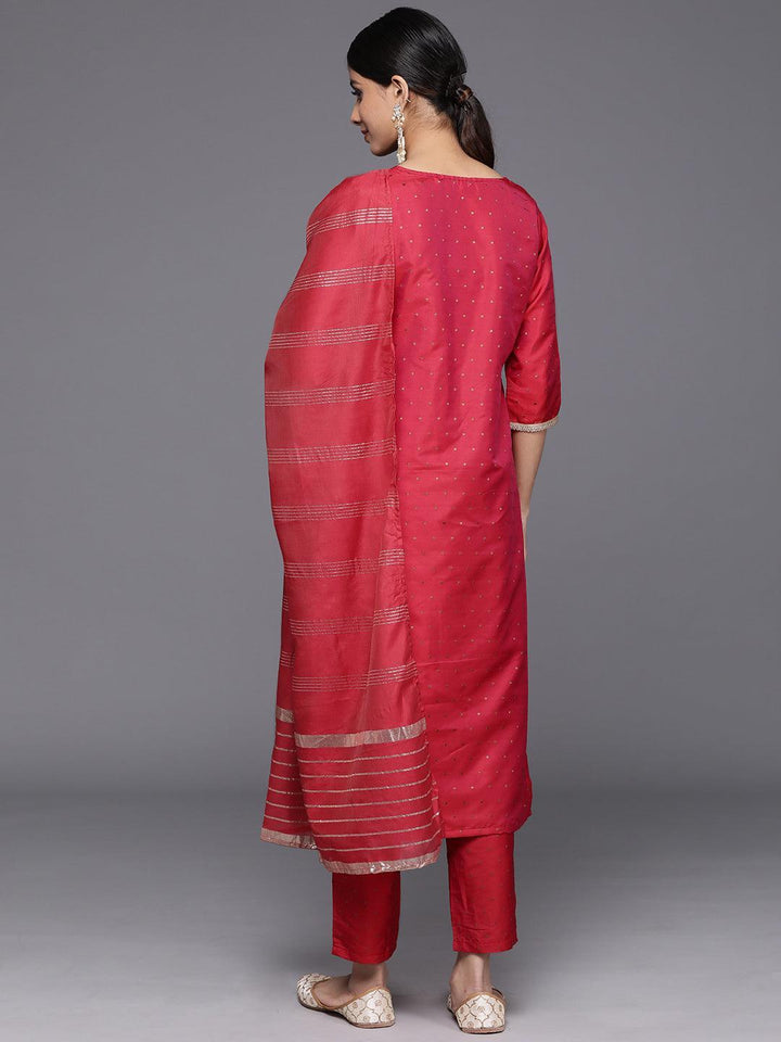 Red Self Design Art Silk Straight Kurta With Trousers & Dupatta - Libas