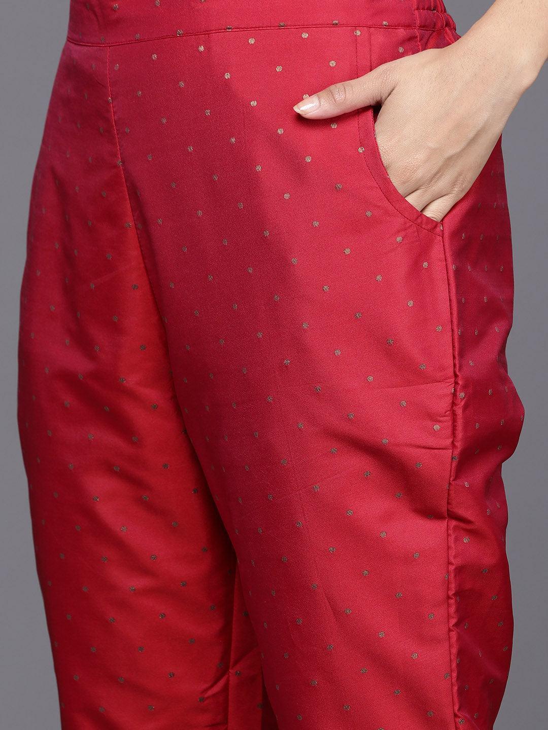 Red Self Design Art Silk Straight Kurta With Trousers & Dupatta