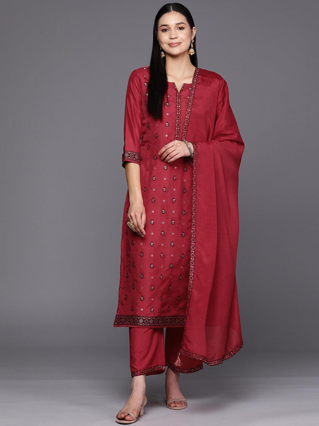 Red Self Design Silk Blend Straight Suit Set With Trousers