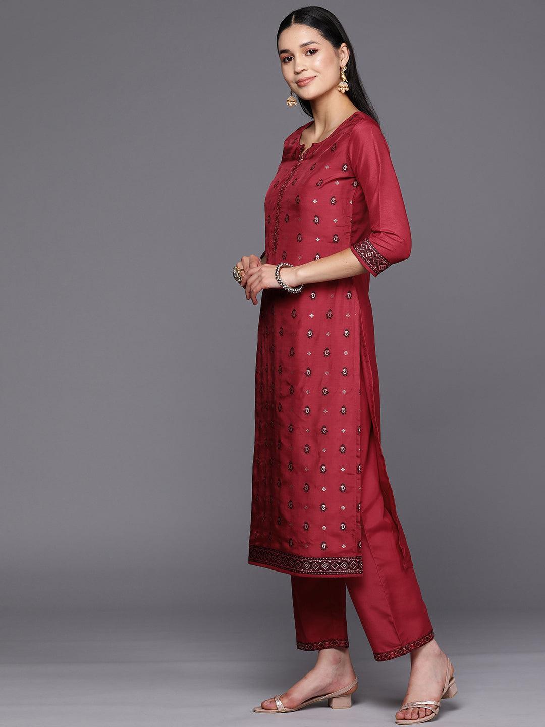 Red Self Design Silk Blend Straight Suit Set With Trousers