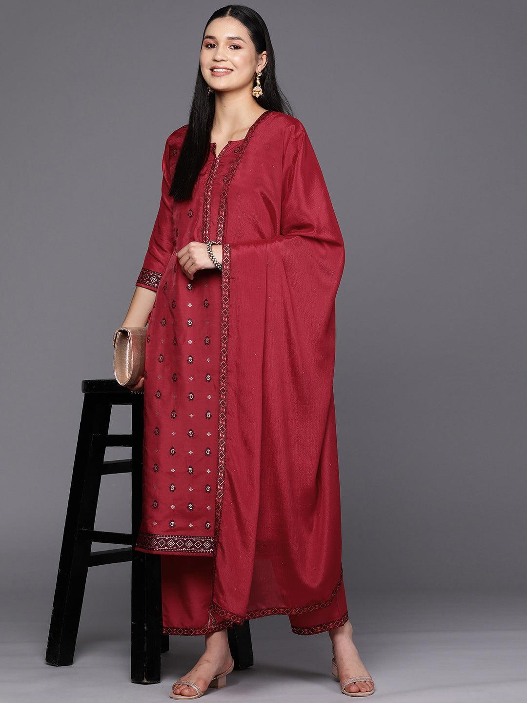 Red Self Design Silk Blend Straight Suit Set With Trousers