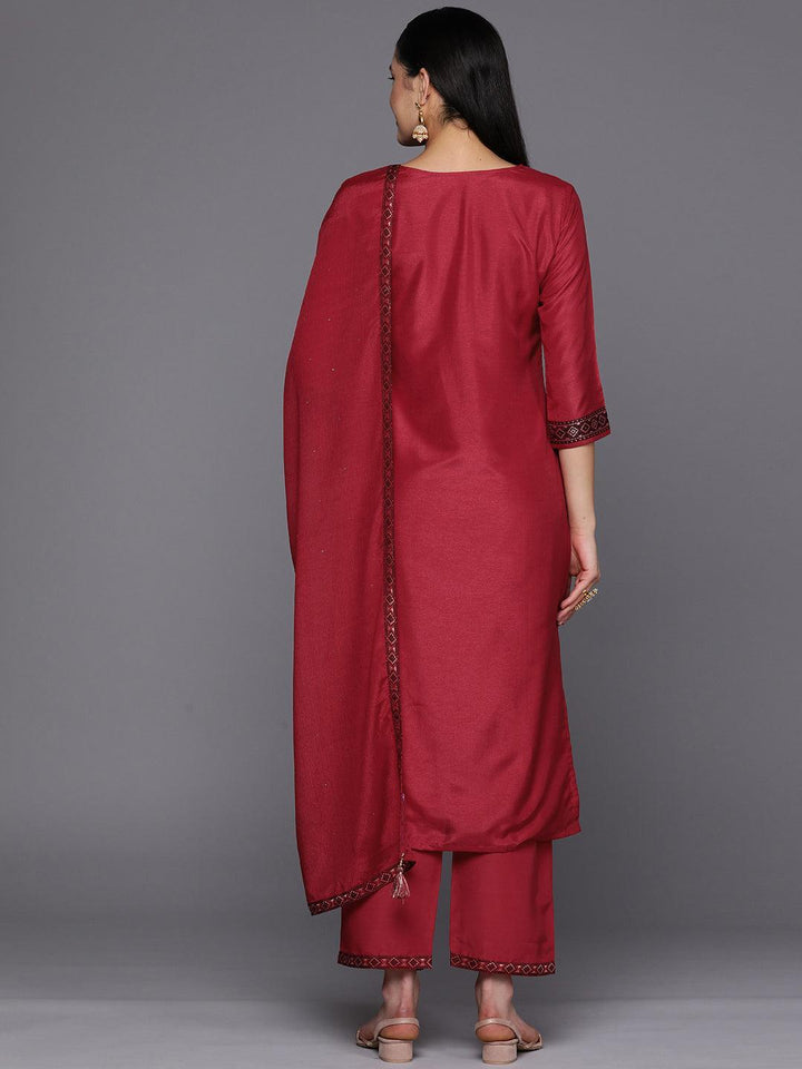 Red Self Design Silk Blend Straight Suit Set With Trousers - ShopLibas