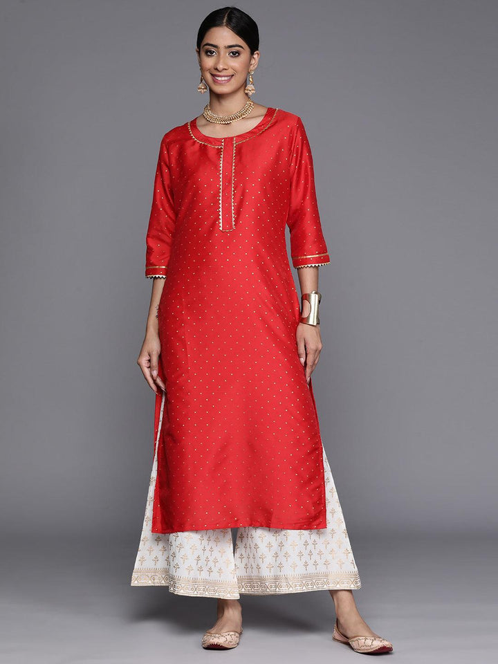 Red Woven Design Art Silk Straight Kurta - ShopLibas