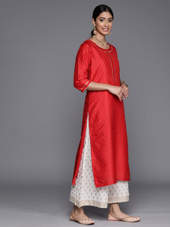 Red Woven Design Art Silk Straight Kurta - ShopLibas