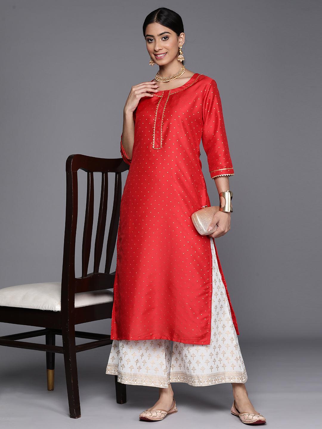 Red Woven Design Art Silk Straight Kurta - ShopLibas