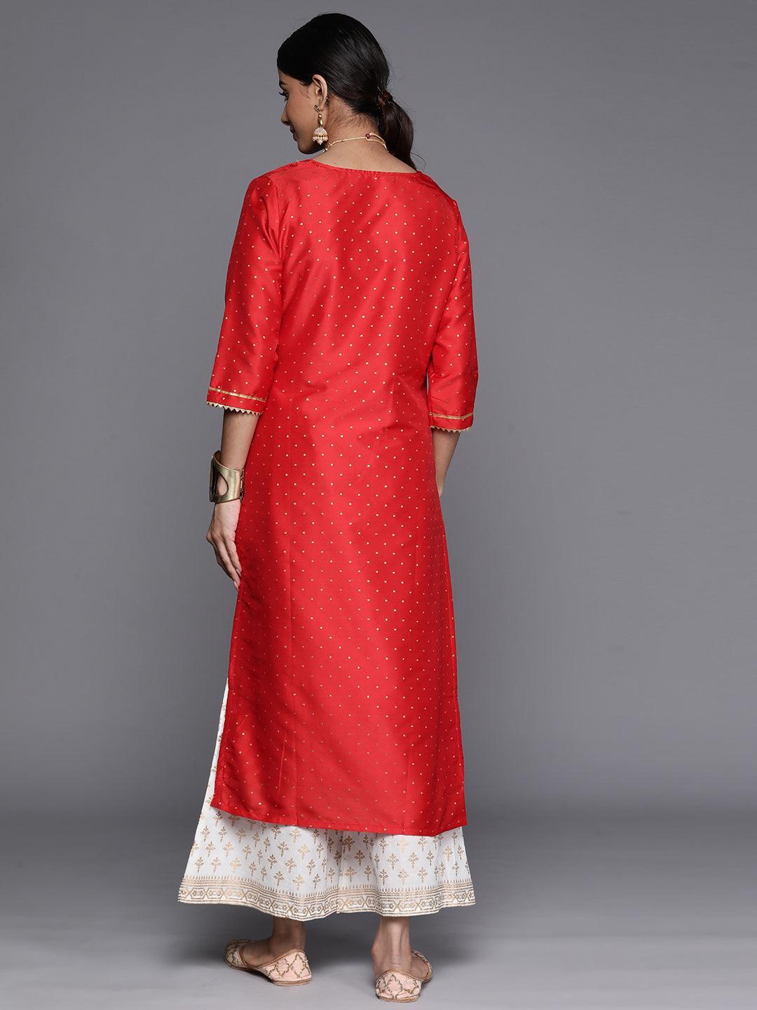 Red Woven Design Art Silk Straight Kurta - ShopLibas