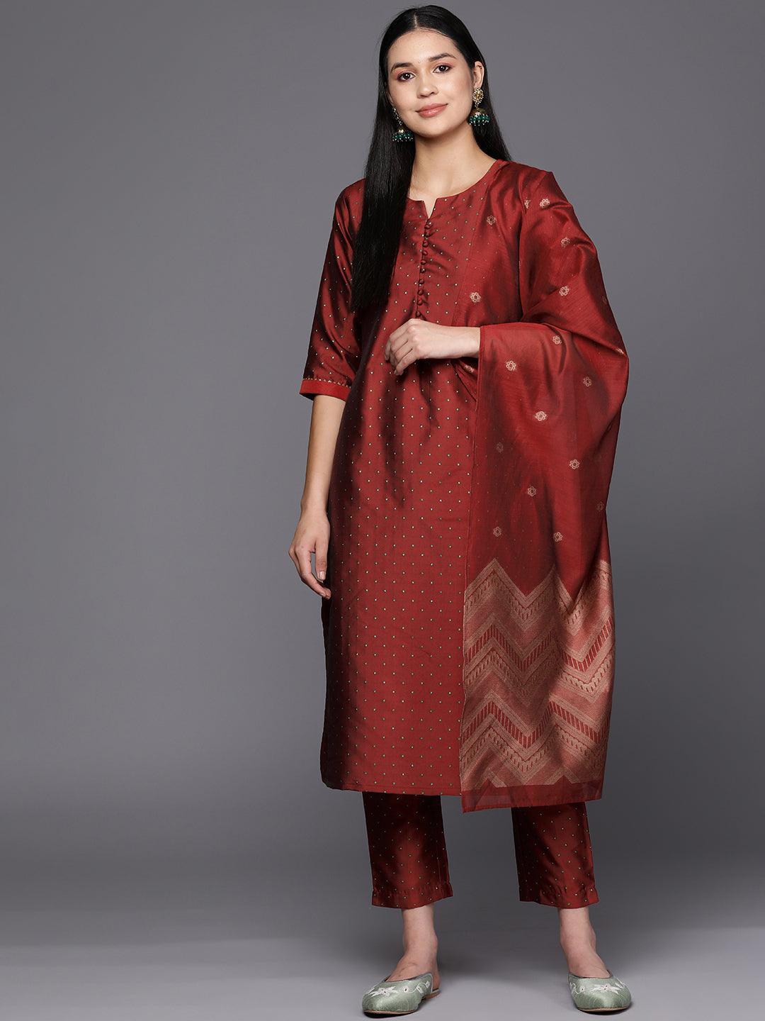 Red Woven Design Art Silk Straight Suit Set With Trousers - ShopLibas