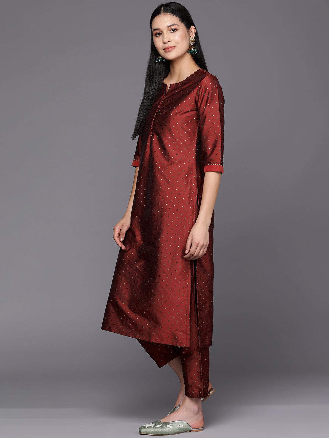 Red Woven Design Art Silk Straight Suit Set With Trousers - ShopLibas