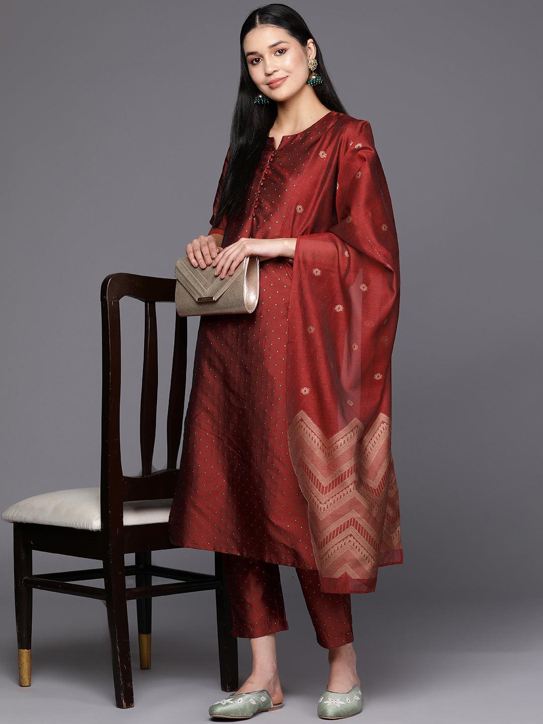 Red Woven Design Art Silk Straight Suit Set With Trousers - ShopLibas