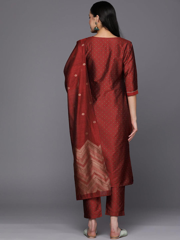 Red Woven Design Art Silk Straight Suit Set With Trousers - ShopLibas