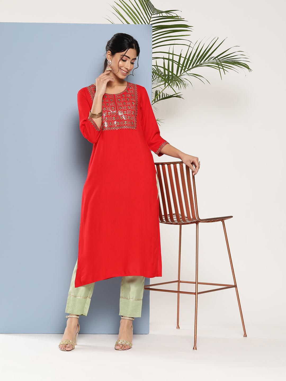 Red Yoke Design Rayon Straight Kurta