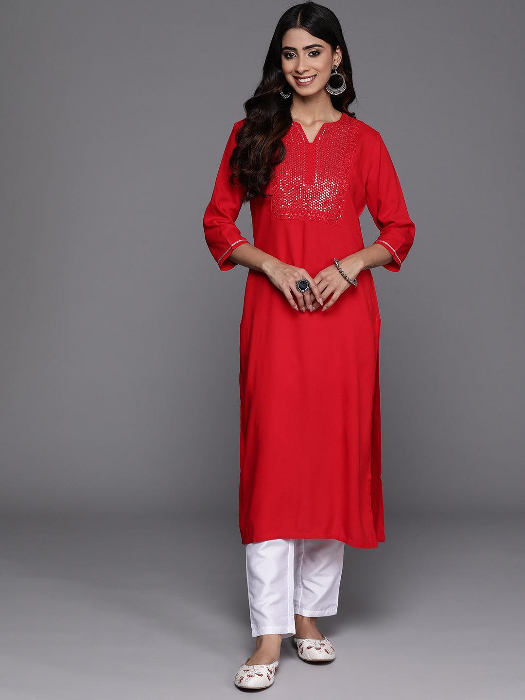 Red Yoke Design Rayon Straight Kurta