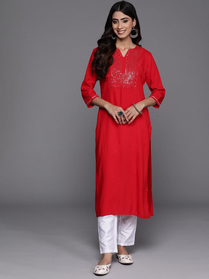 Red Yoke Design Rayon Straight Kurta - Libas