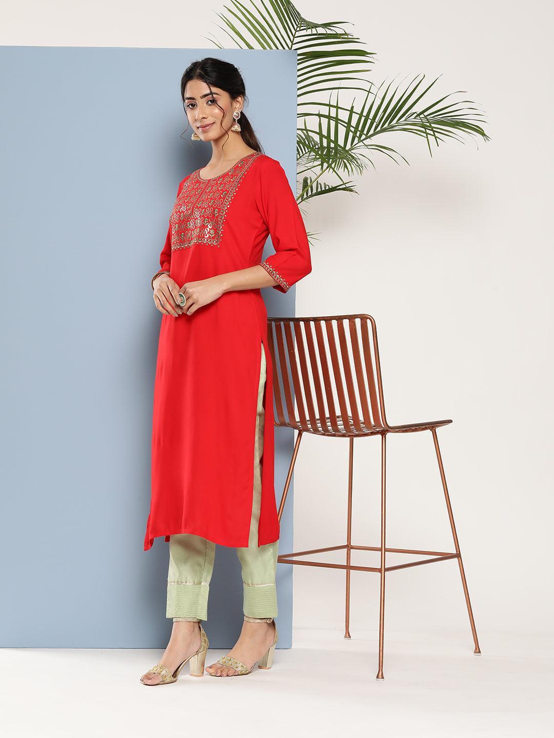 Red Yoke Design Rayon Straight Kurta