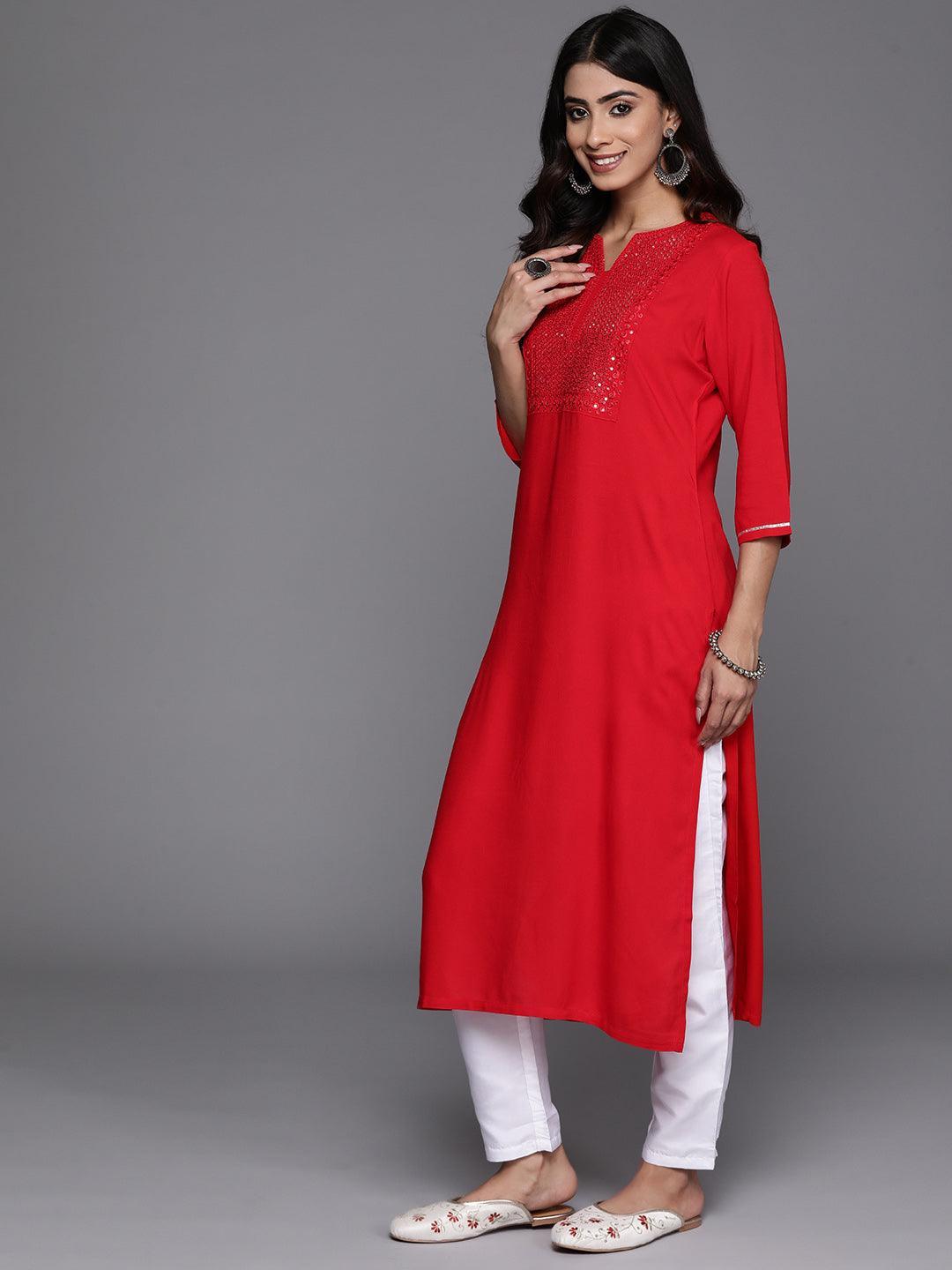 Red Yoke Design Rayon Straight Kurta