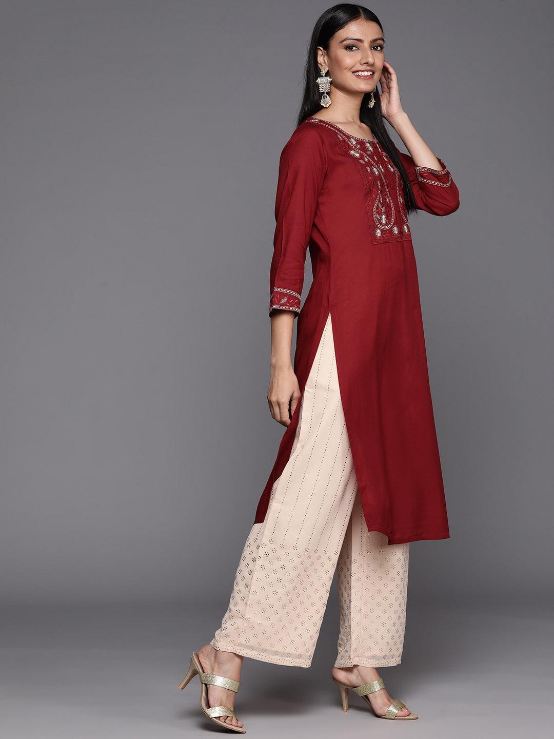 Red Yoke Design Rayon Straight Kurta